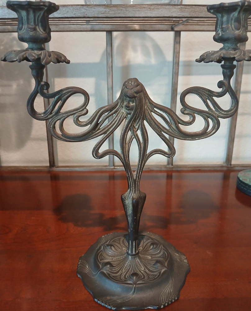 Art Nouveau Bronze Metal Candelabra Antique Floral Two-Arm Candle Holder