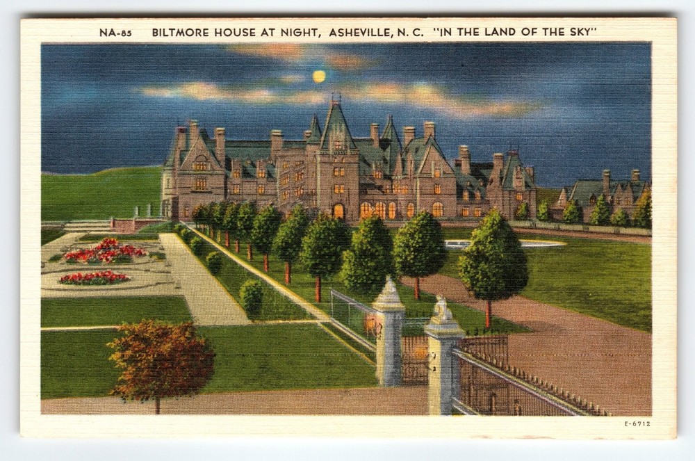 Biltmore House at Night Asheville NC Vintage Linen Postcard 1940s