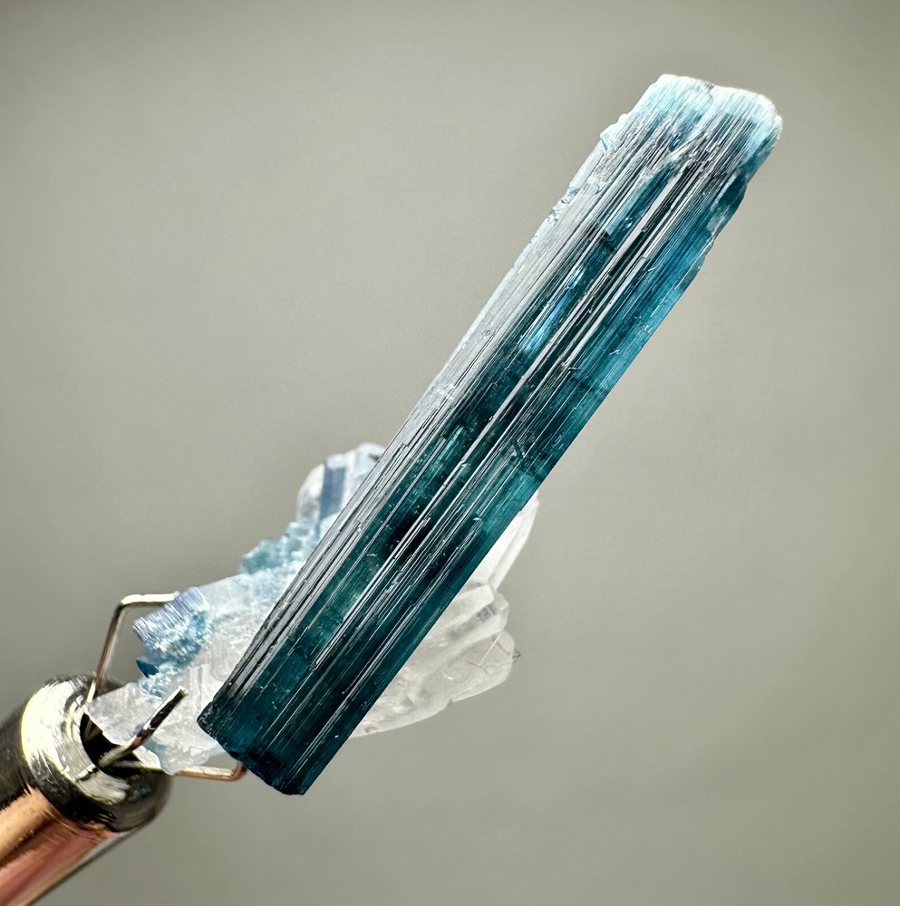 12 Ct. Full Terminated Rare! Top Blue Indicolite Tourmaline Crystal On Quartz