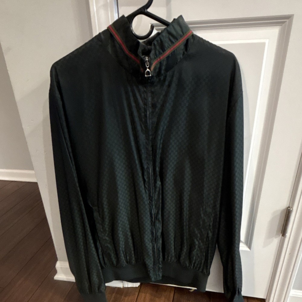 Gucci Men's Dark Green Logo Bomber Jacket Zip Striped Collar Size 52