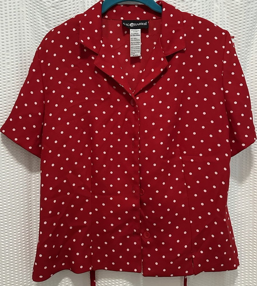 Sag Harbor Red/White Polka Dot Collared Button-Up Short Sleeve Blouse XL