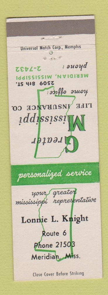 Matchbook Cover - Greater Mississippi Life Insurance Lonnie Knight Meridian MS