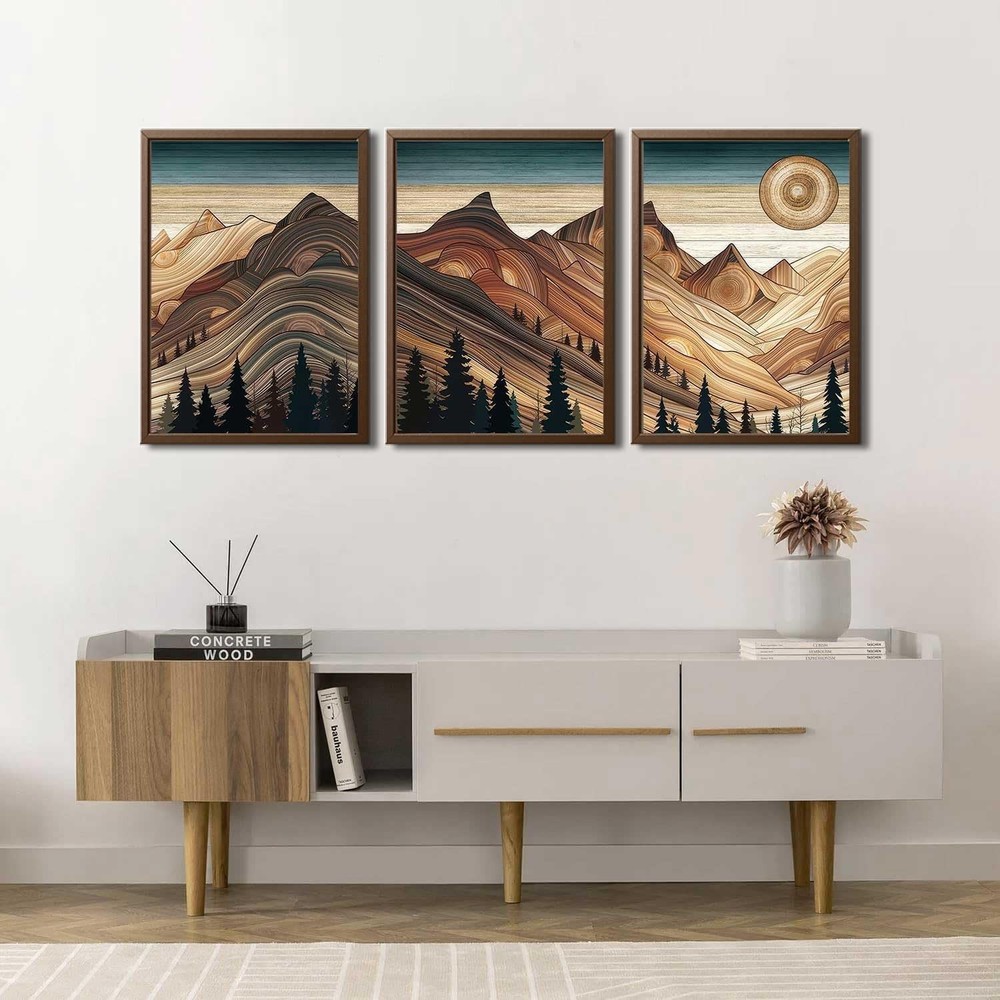 3Pcs Abstract Sun Mountain Wall Art Nature Woodcut Style Landscape Posters Print