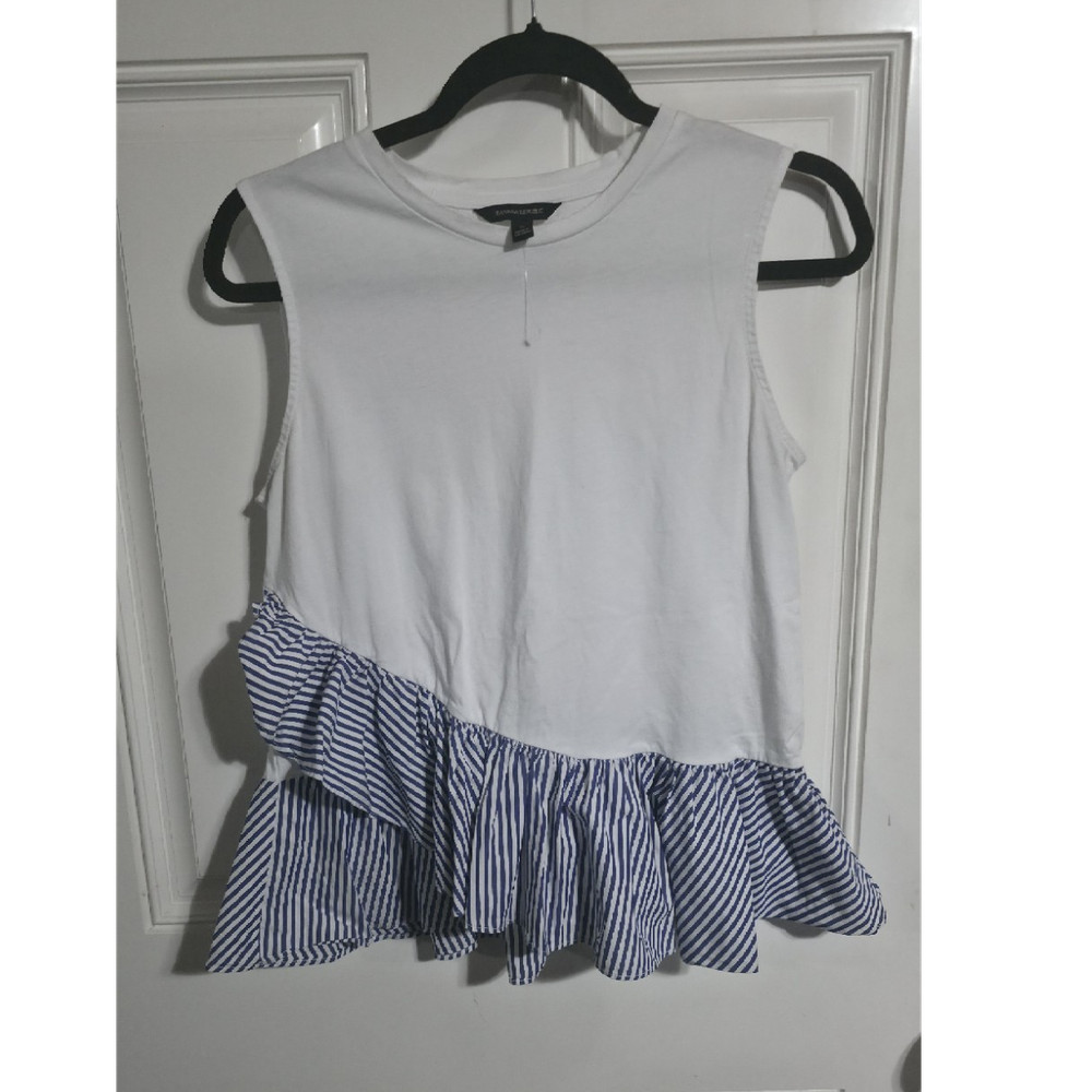 Banana Republic Women's Sleeveless Ruffle Striped Blouse White Blue Size S