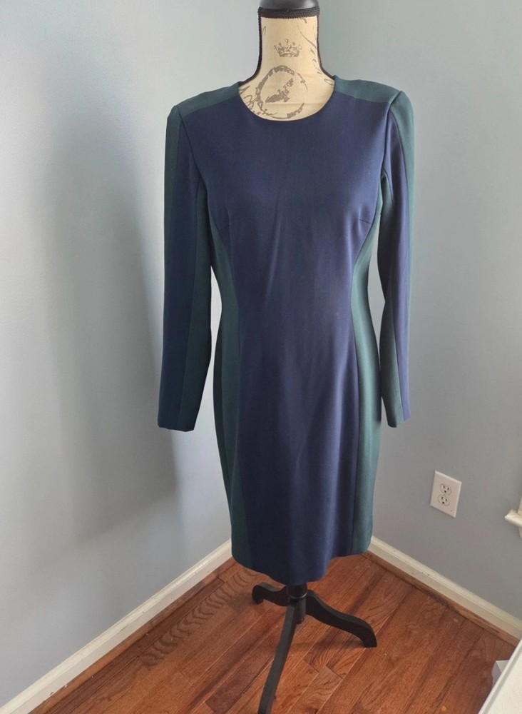 Worth New York Dress Size 10 Blue Green Wool Blend Lined Color Block Long Sleeve