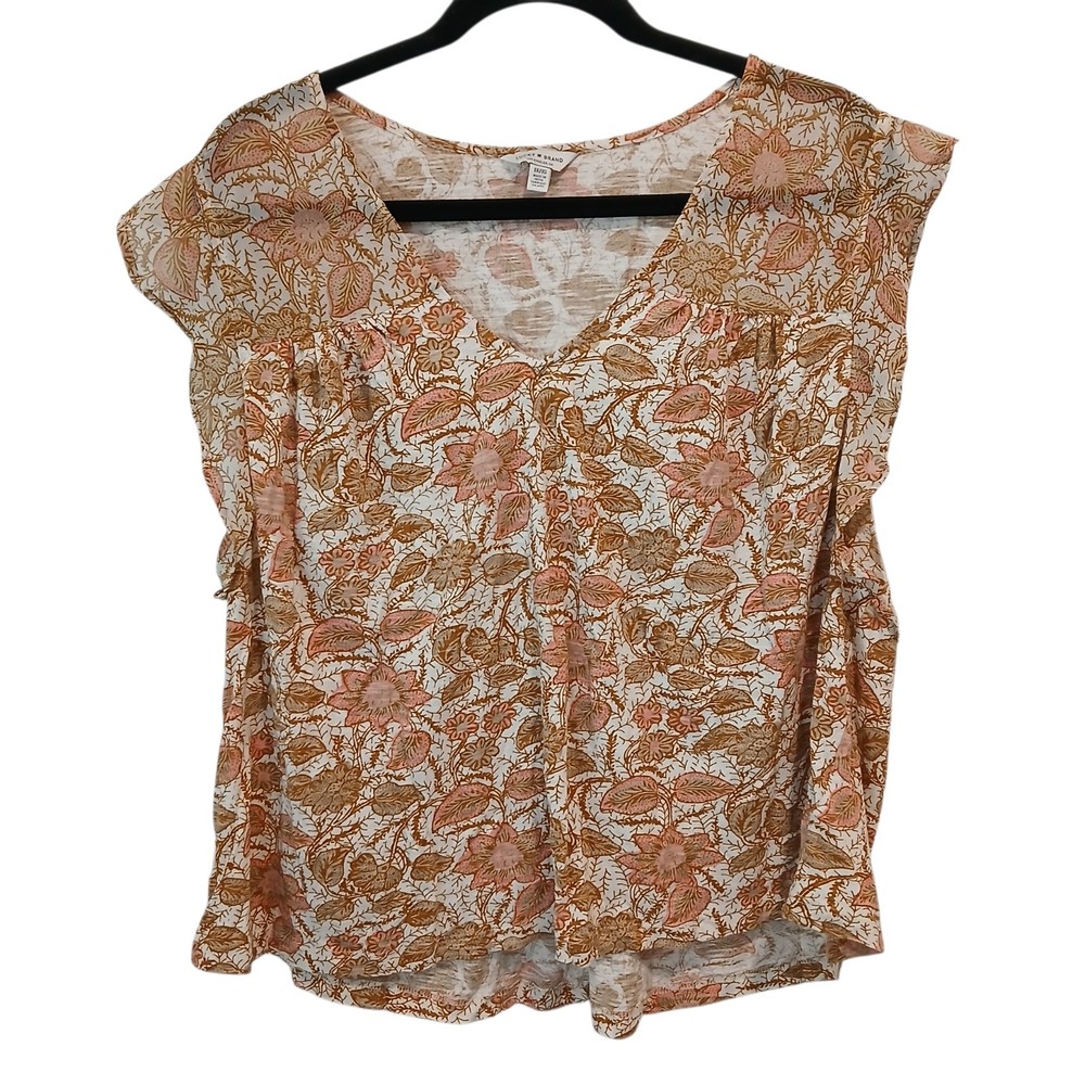 Lucky Brand Boho Top Size 1X VNeck Neutral Sleeveless Leaf Ruffled Airy Breezy