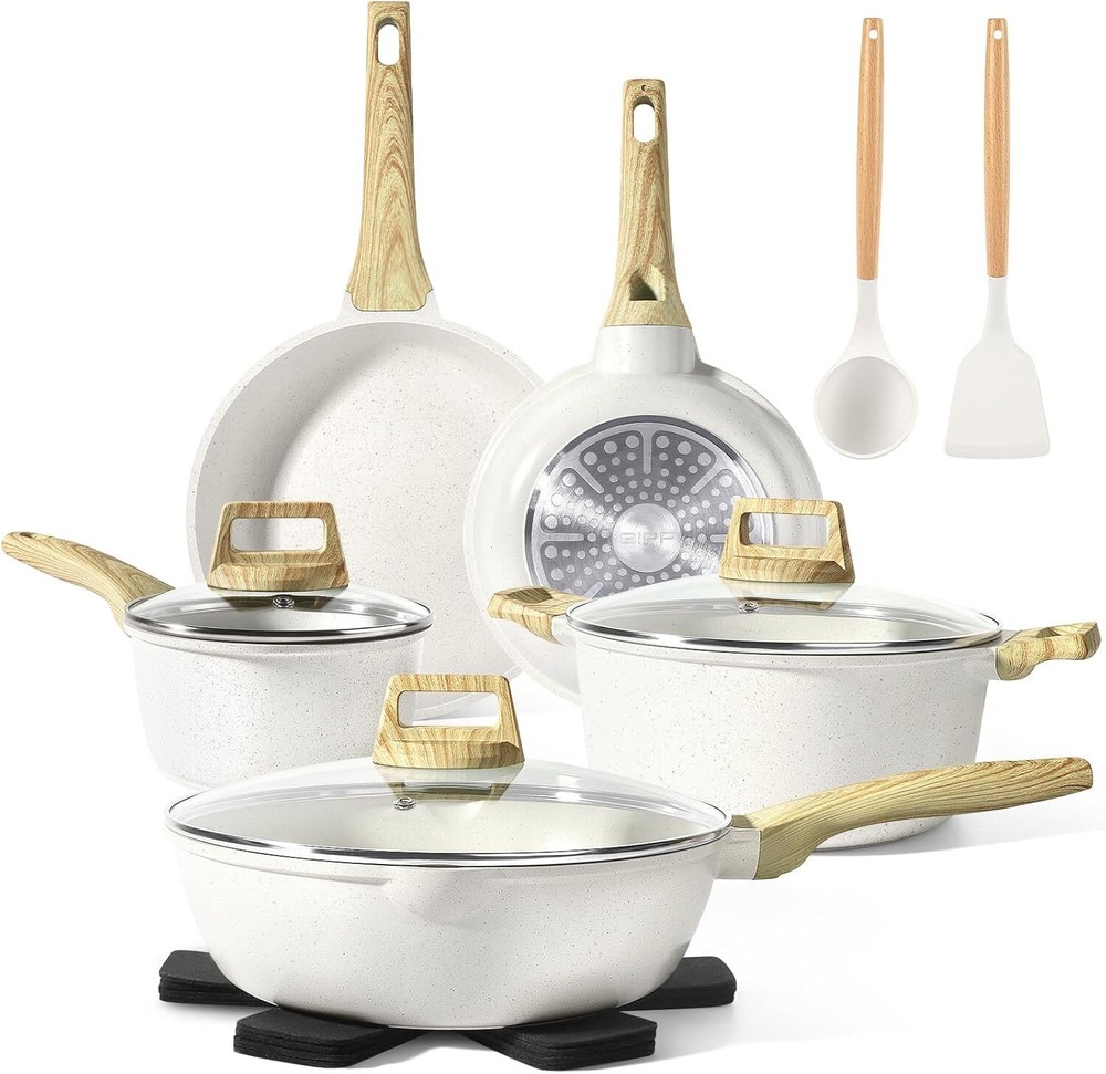 14-Piece White Granite Nonstick Cookware Set for Induction Stovetops