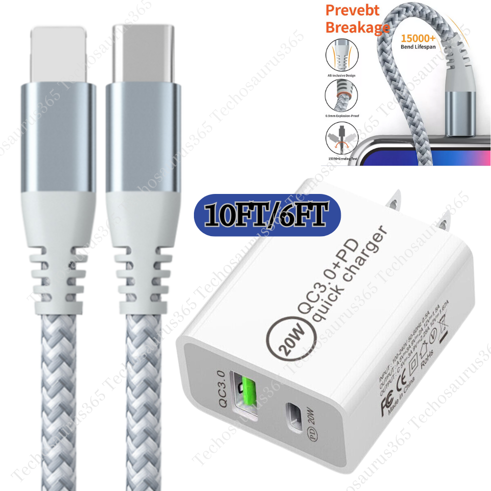 20W Fast Charger for iPhone 14 13 12 11 XR 8 7 with PD QC Cable