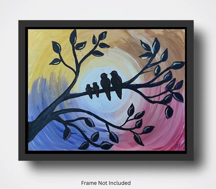 Bird Family Tree Abstract Wall Art Acrylic 16x20” Canvas Original Hand Painted