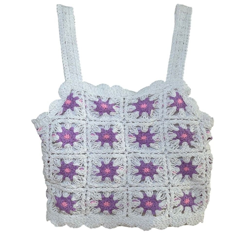 Knit Works Girls Crochet Granny Square Crop Top White Purple Floral XL 16 boho