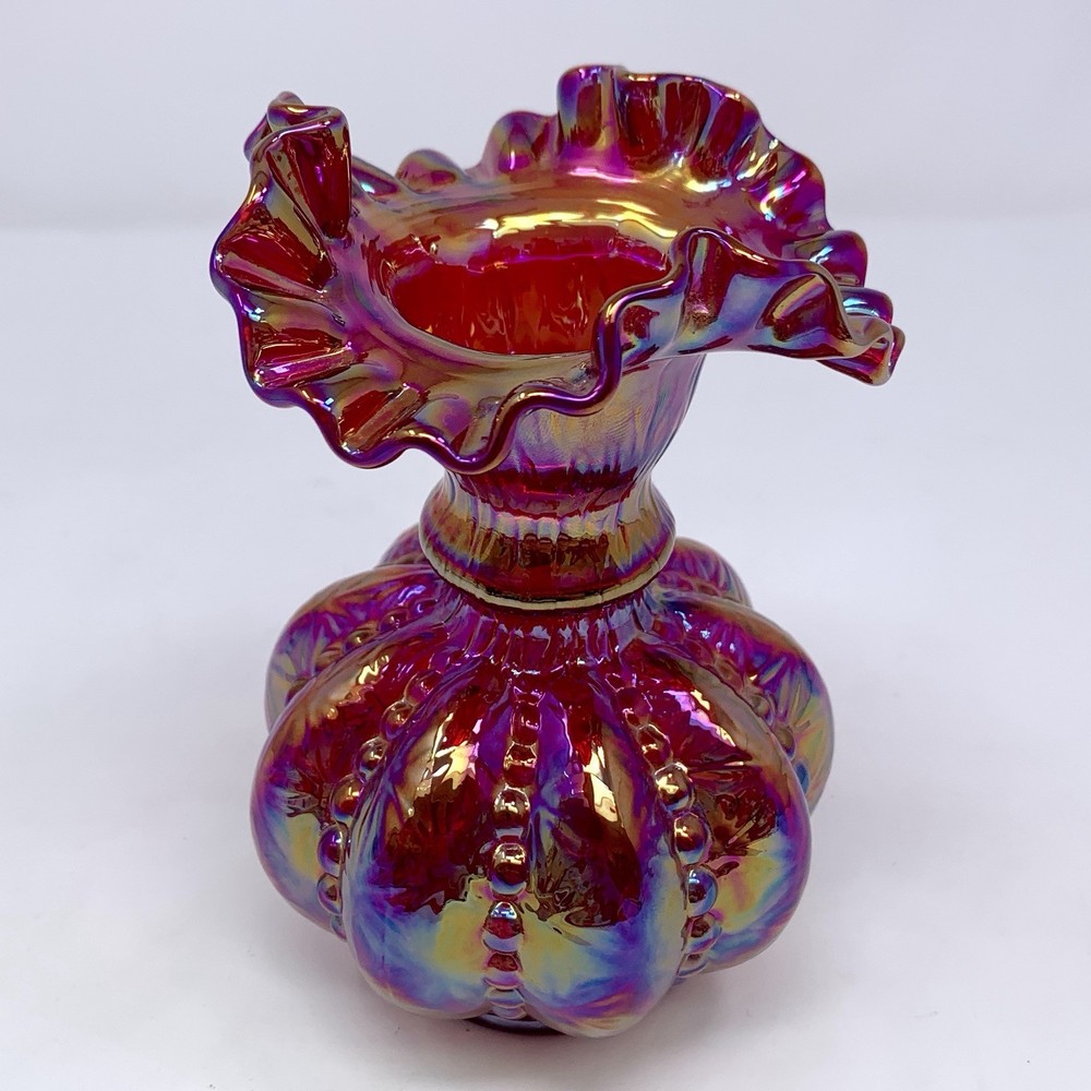 Vintage 1990s FENTON Ruby Red Carnival Glass Beaded Melon Vase 6