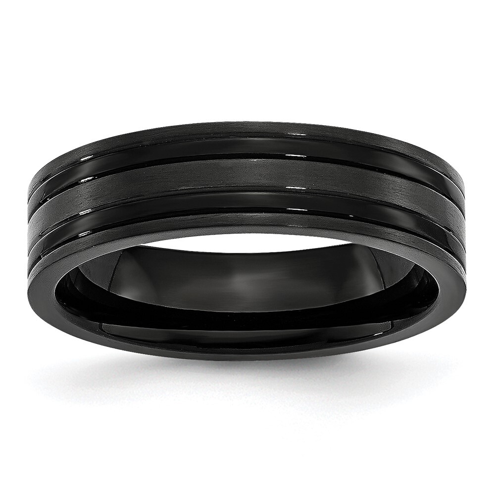 Titanium Brushed and Polished Black IP-plated 6mm Grooved Band Ring Size 6