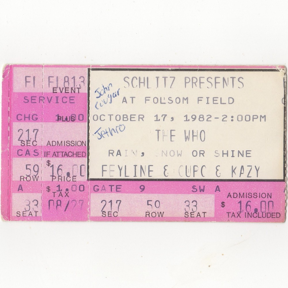 THE WHO JETHRO TULL JOHN MELLENCAMP Concert Ticket Stub BOULDER 10/17/82 FOLSOM