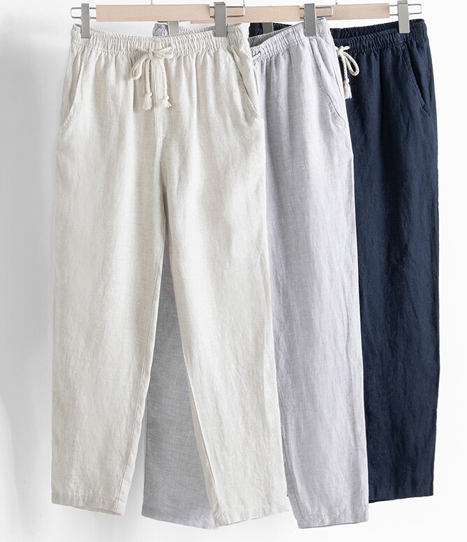 Spring Men Beach Loose Cotton Linen Pants Yoga Drawstring Elasticated Trousers