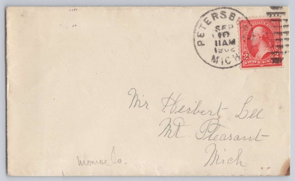Petersburg, Michigan, Addressed, , 2-cent Washington stamp cancel