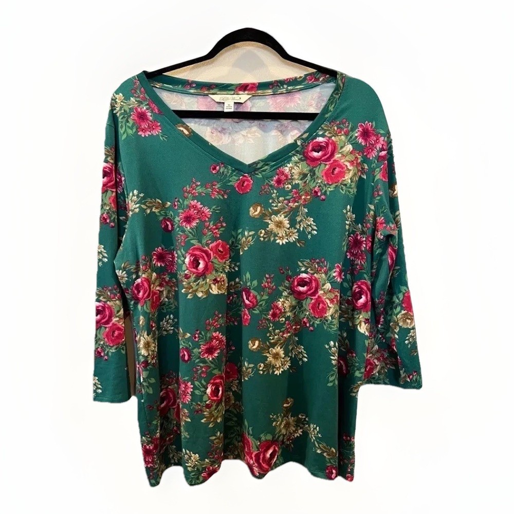 The Pioneer Woman Top Floral Ree Drummond Women XL 3/4 Sleeve Green Stretch EUC