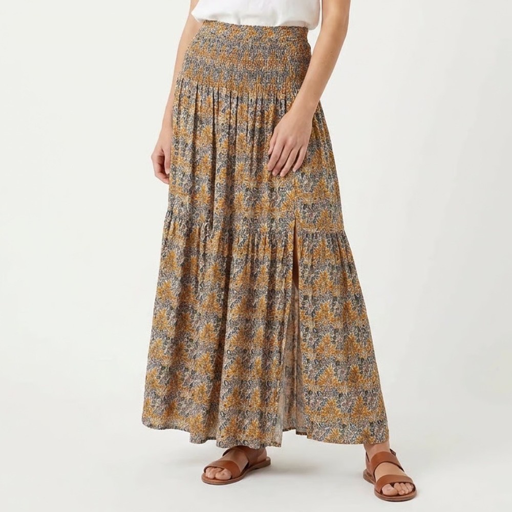 Natural Life Floral Paisley Smocked Maxi Skirt Mustard Blue Tiered Medium