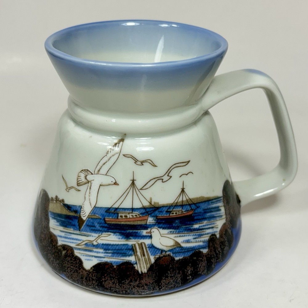 VNTG Otagiri Japan Seagulls Harbor Boats Flat Bottom Spill Proof Coffee Mug 14oz