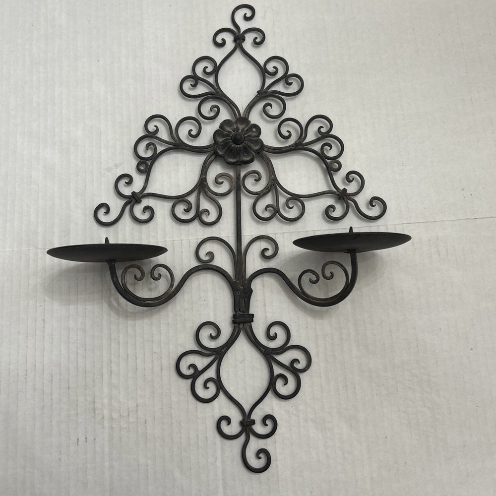 Vintage Gothic Black Wrought Iron Scroll Double Candle Wall Sconce