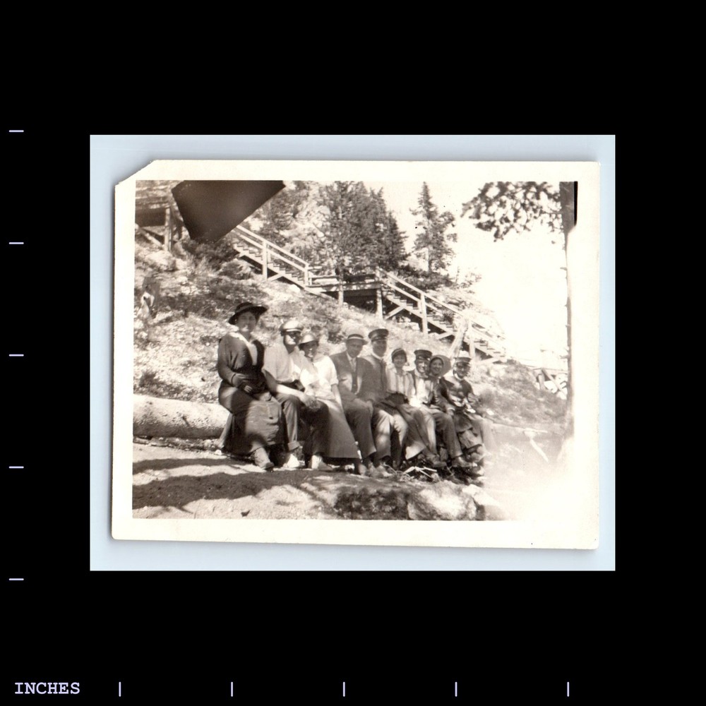 Old Vintage Photo MEN WOMEN SITTING ON LOG