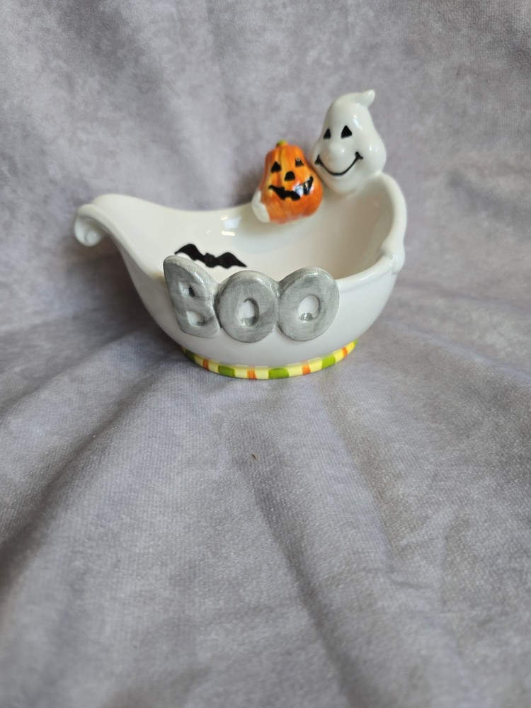 Ghost with Pumpkin Halloween Candy Dish Bowl Boo Fitz & Floyd Classic