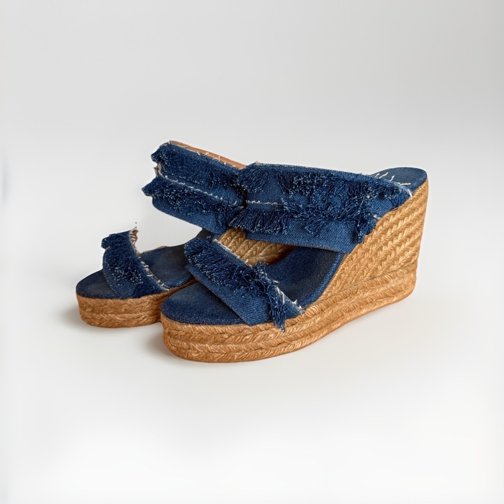Castañer Blue Fringe Espadrille Wedge Sandals Women's Size 38