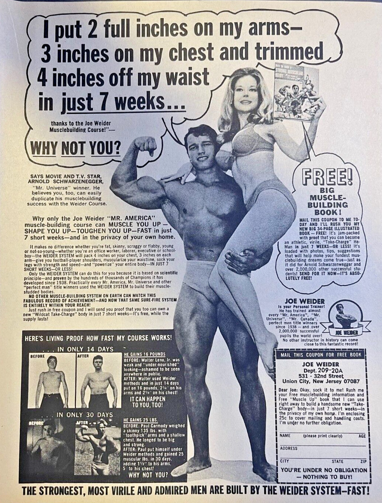 Magazine Advertisement 1970 Arnold Schwarzenegger Joe Weider Muscle Builder