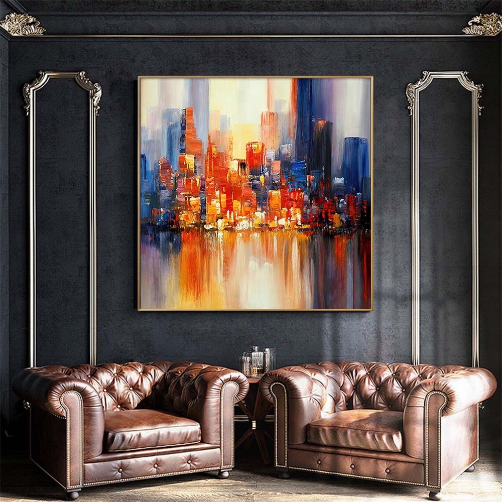 Wall Decor Modern Architecture Handmade Oil Painting Abstract City Landscape D
