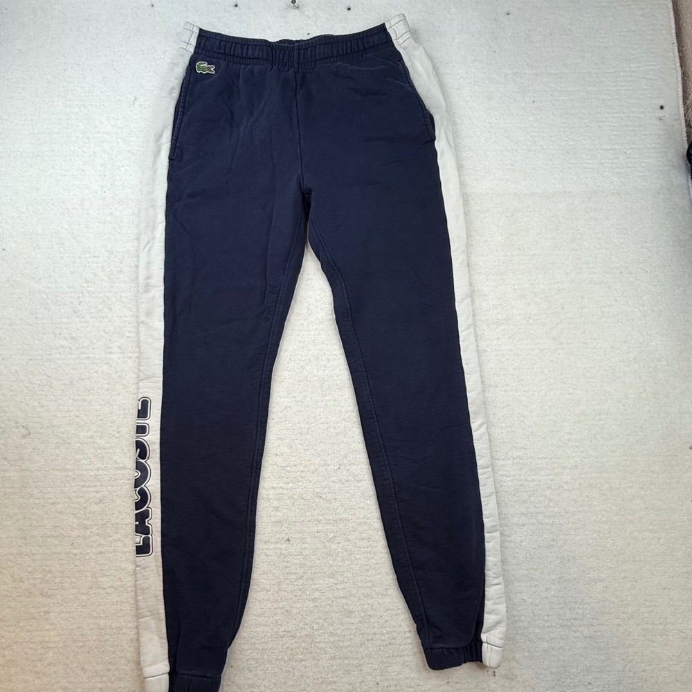 Lacoste Sport Track Pants Navy White Side Stripe Logo Joggers Men Medium -faded