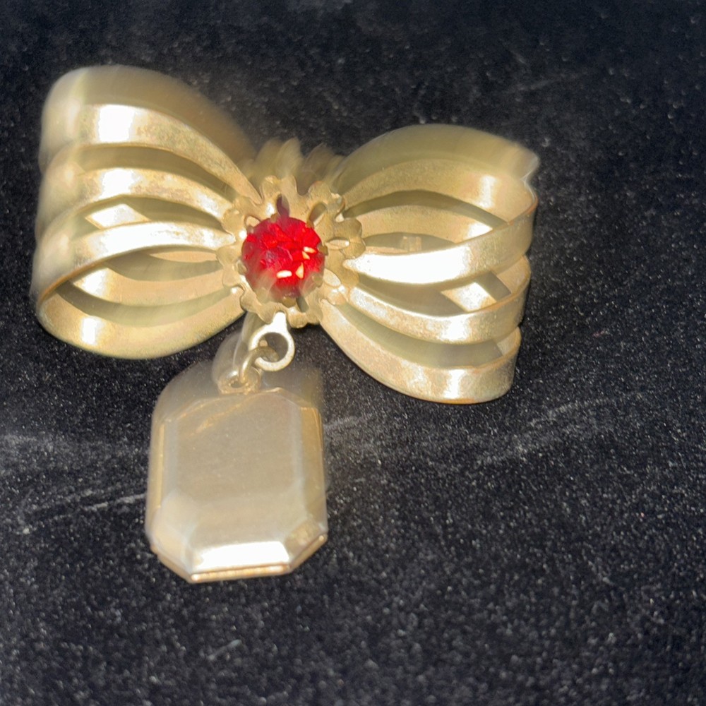 Vintage Bow Brooch Faux Red Garnet Locket Pendant