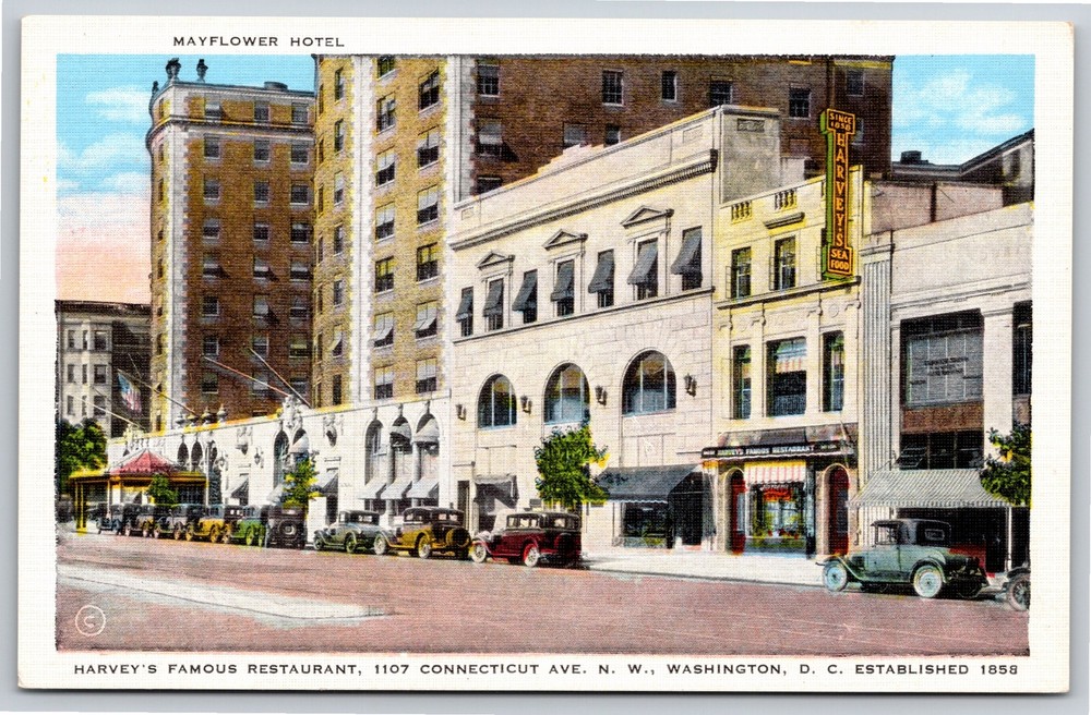 Washington DC~Mayflower Hotel & Harvey's Restaurant~Vintage Linen Postcard