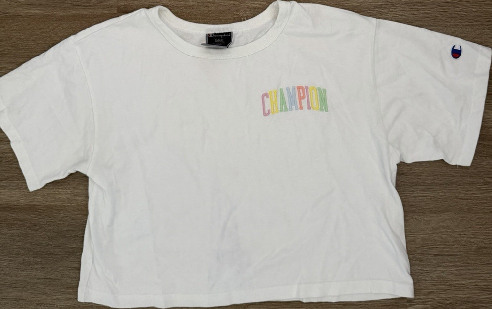 Champion Women's Cropped Logo T-Shirt White Multicolor Short Sleeve Size S