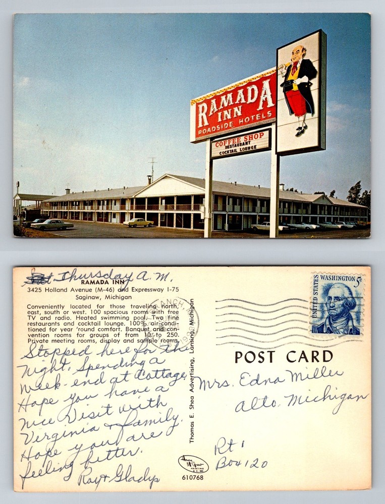 Saginaw, MI-Michigan, Ramada Inn Roadside Motel Sign Vintage Postcard