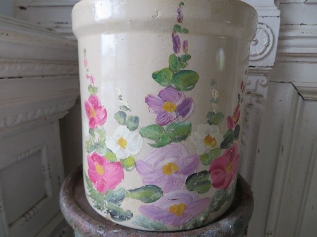 Old Stoneware Pottery CROCK with Handpainted Pink HOLLYHOCK FLOWERS