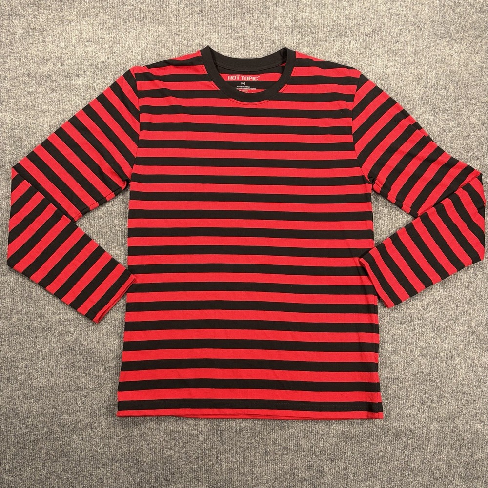 Hot Topic Red Black Striped Long Sleeve T-Shirt Size Medium M Emo Goth Alt