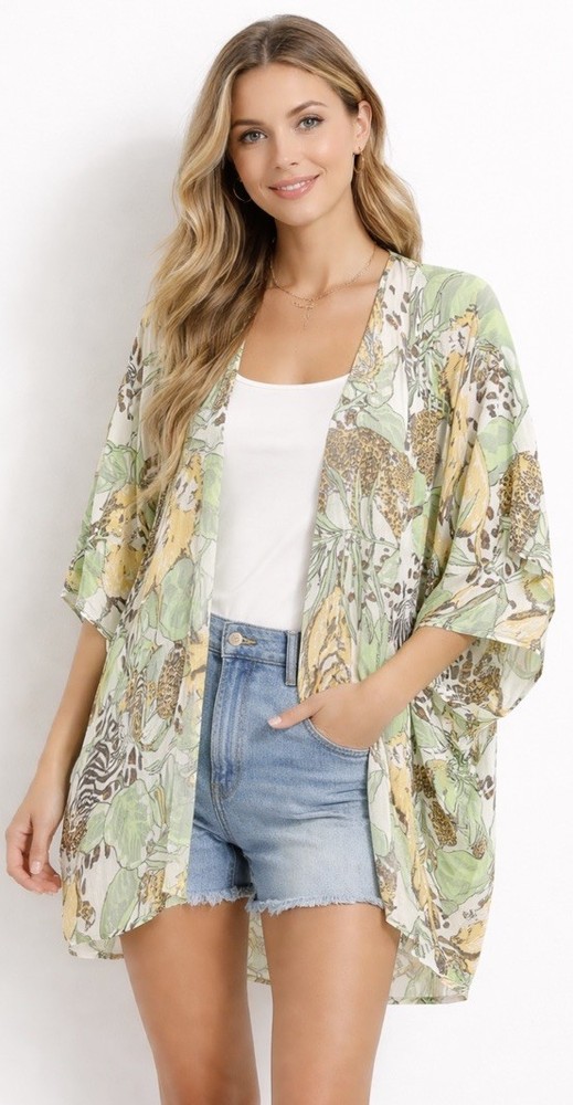 Aerie Open Front Kimono Cardigan Tropical Animal Print One Size Resort Wear