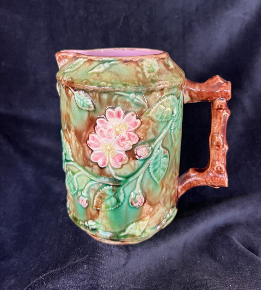 Antique Majolica-Style Dog Rose Pitcher – Raised Floral Relief, Branch Handle