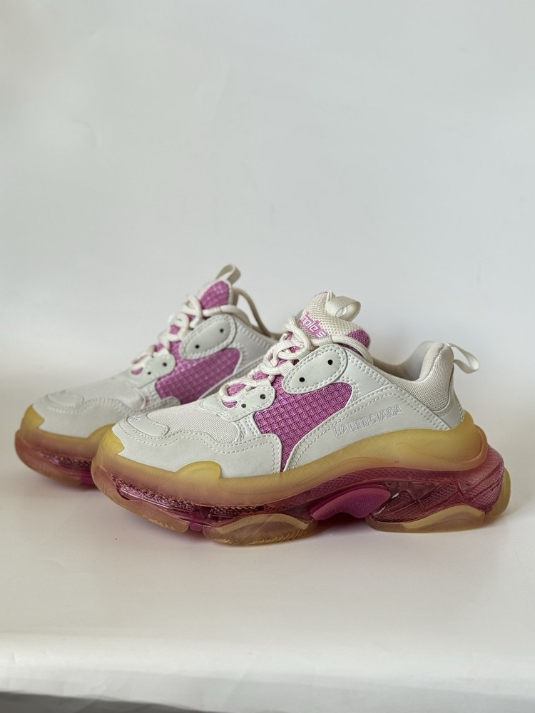 BALENCIAGA Fabric Mesh Clear Sole Womens Triple S Sneakers White Pink