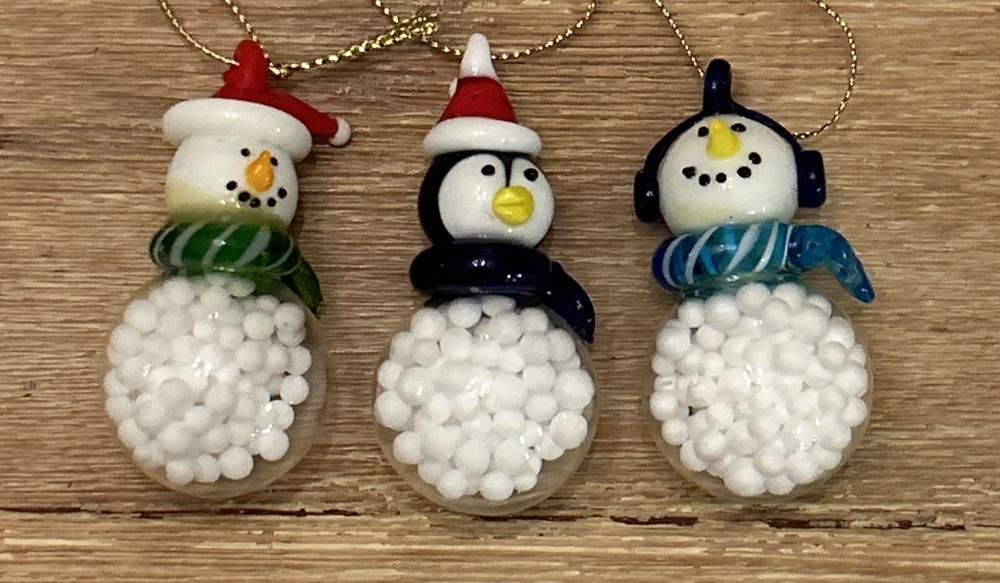 Set Of 3 Vintage Blown Glass Snowman Penguin Colorful Christmas Ornaments