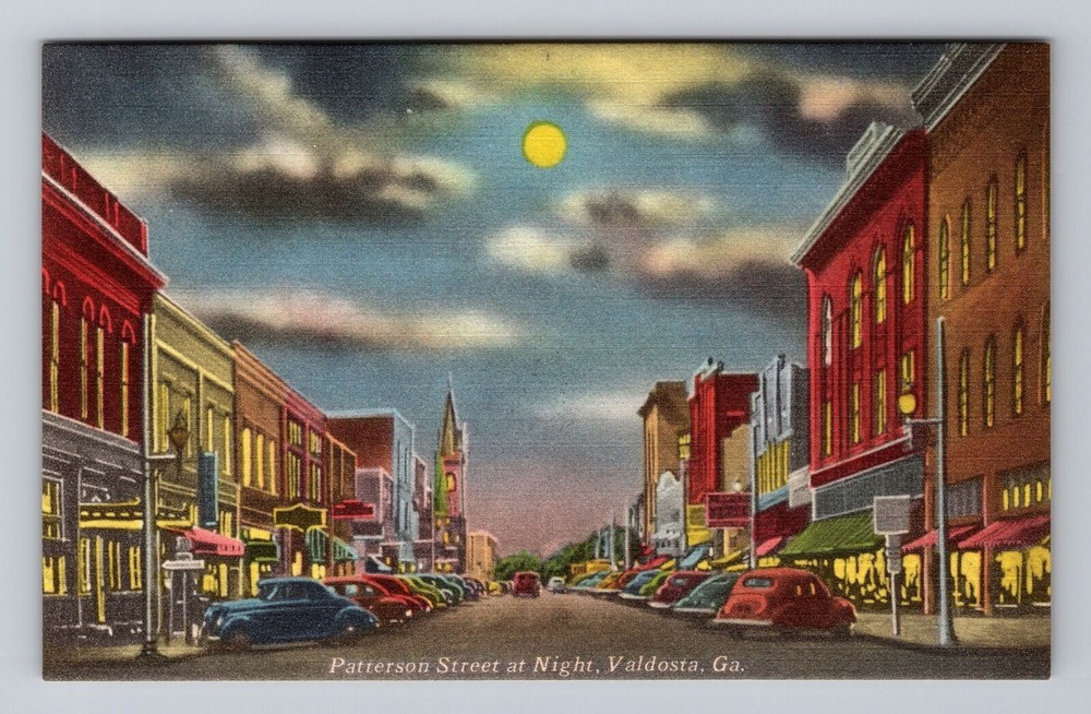 Valdosta GA-Georgia Patterson Street at Night Vintage Postcard Post