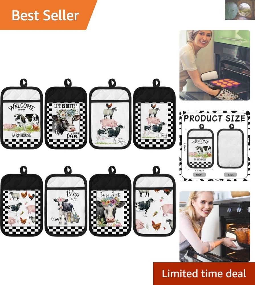 Durable 8-Pc Cotton Hot Pads Set in Black Gold Marble & Cow Print