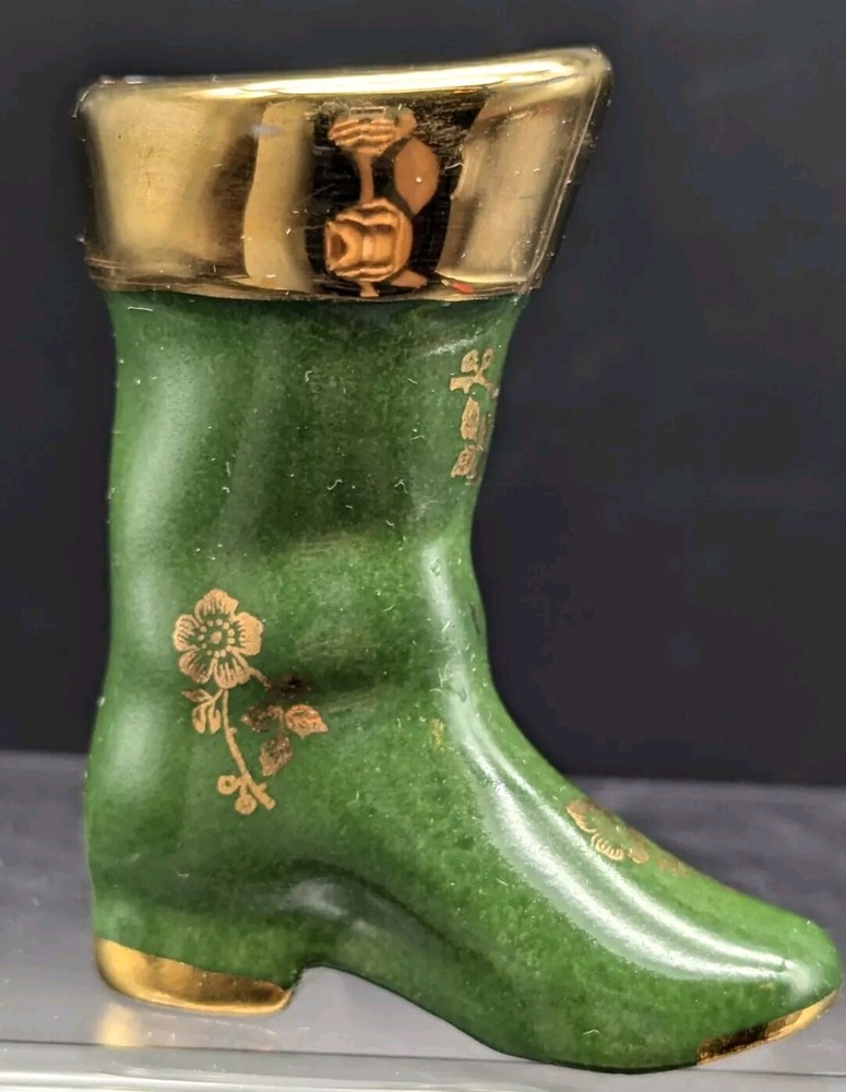 LIMOGES FRANCE PORCELAIN BOOT Toothpick Vintage Victorian Shoe Green Gold Trim