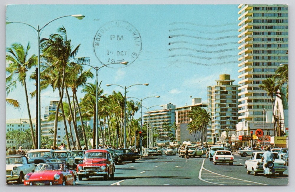 Kalakaua Ave Honolulu Hawaii 1965 Postcard Vintage Cars Palm Trees Hotels