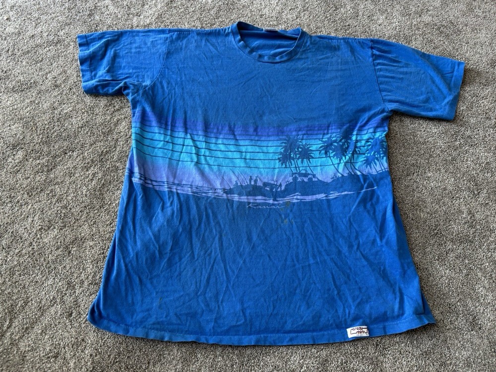 Vintage Kauai Shirt Mens XL Blue Wrap Around Graphic Hawaii Surf Beach 90s USA