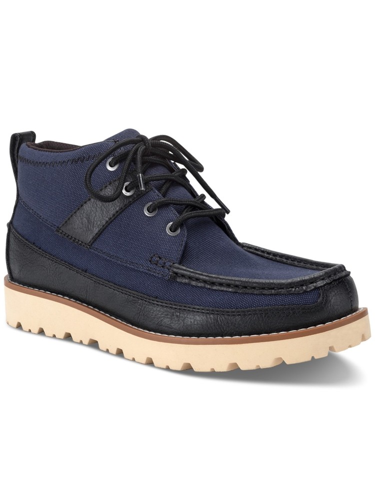 SUN STONE Mens Navy Mixed Media Back Pull-Tab Kohen Toe Wedge Boots Shoes 7 M