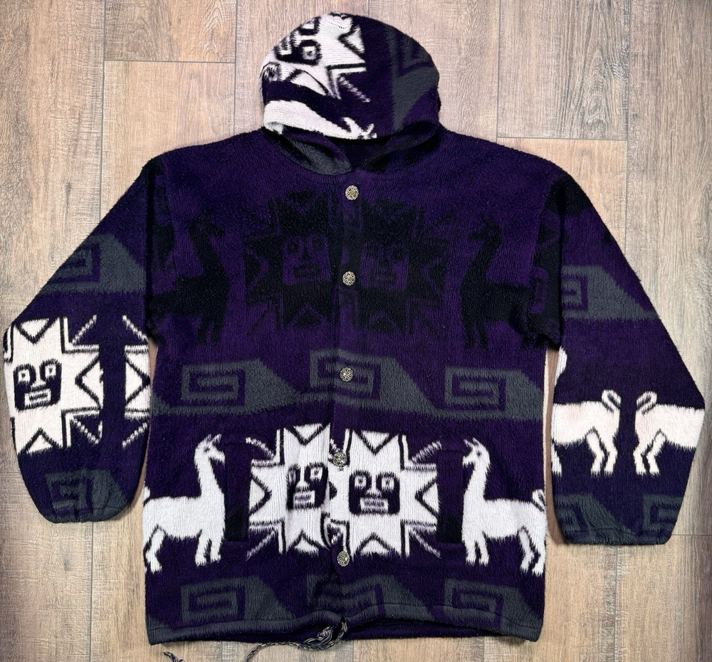 Ecuador Wool Llama Sweater Mens XL Purple Hooded Pullover Handmade Inca Andean