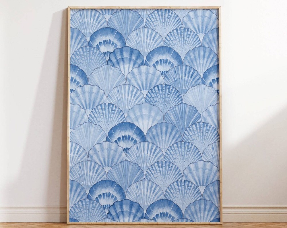 Watercolor Seashells Print Pastel Blue College Room Decor Trendy Coastal