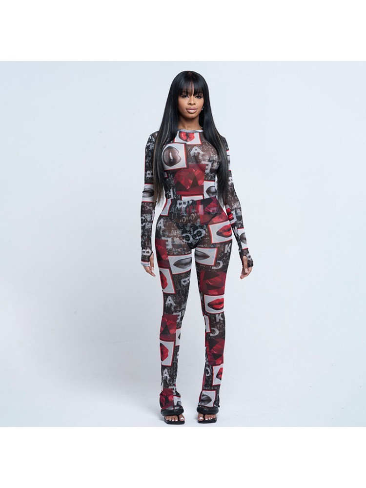 Colorblock Lips Printed Sheer Fitted Pant Sets