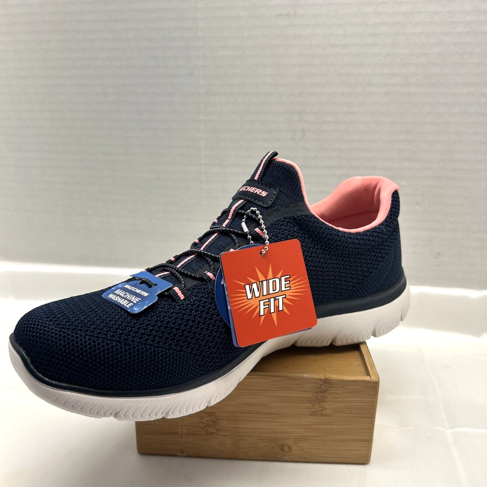 Skechers Summits Cool Classic Slip-On Sneaker Women Sz 9 Wide Fit Navy Pink NEW