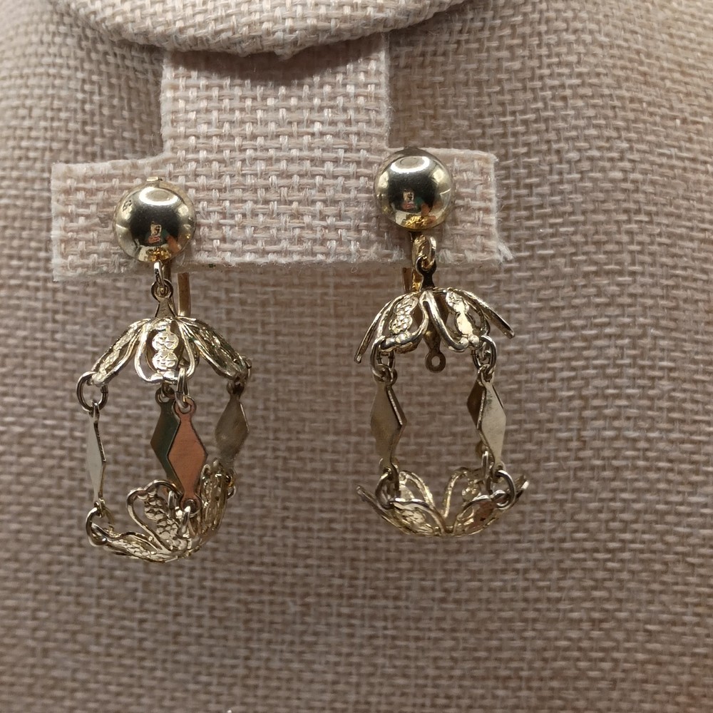 Vintage Gold Tone Filigree Floral Cage Dangle Earrings Screw Back